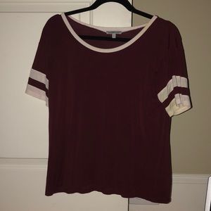 maroon shirt with white stripes